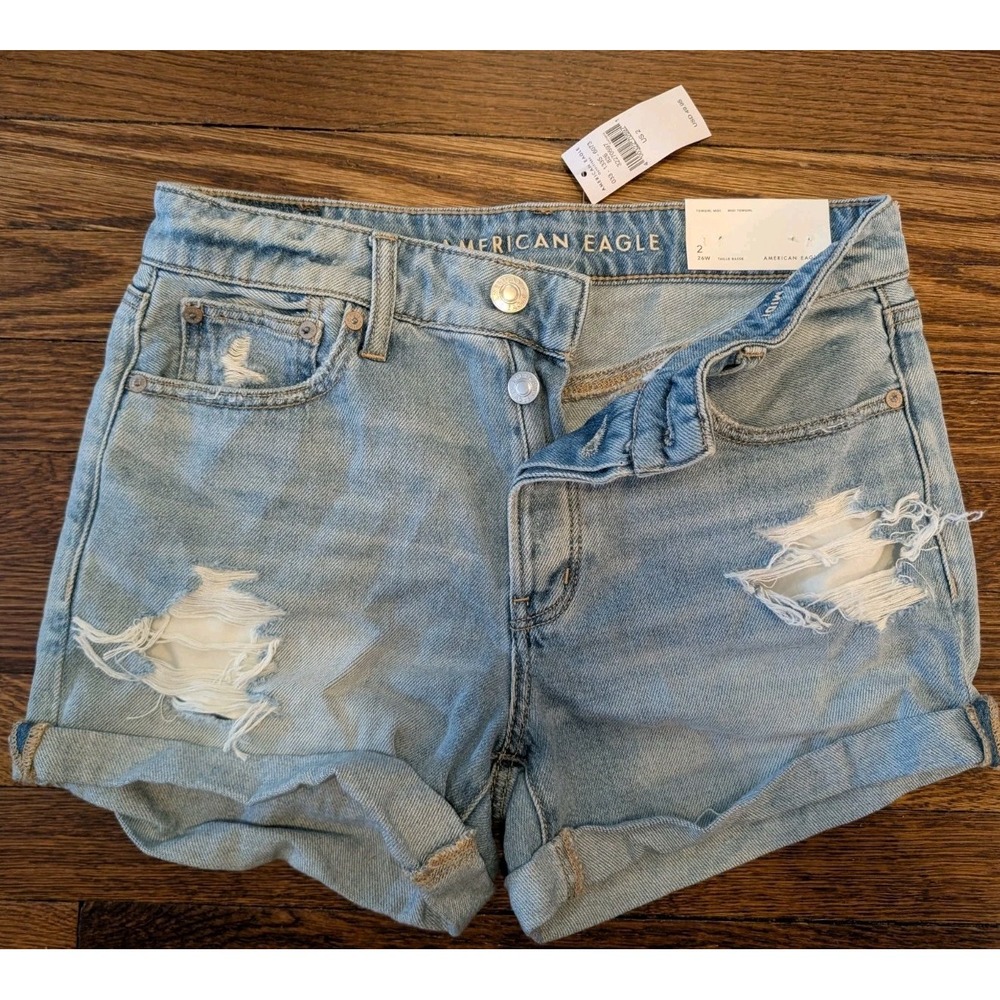 American Eagle Tomgirl Midi Button Fly Denim Shorts Women 2/26 Distressed NWT